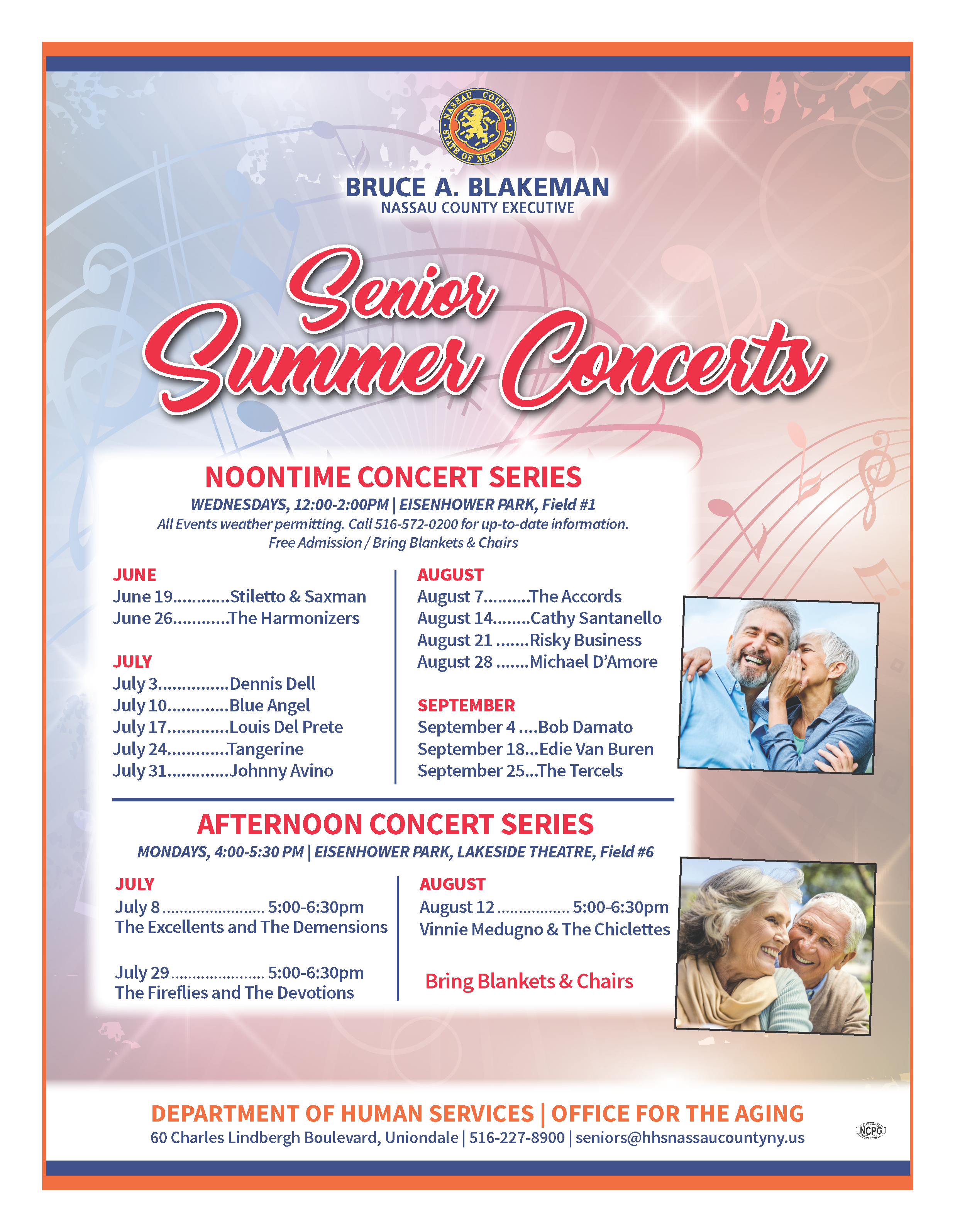 Senior Summer Concerts at Eisenhower Park, Field 1. call 516-572-0200 for up-to-date information.